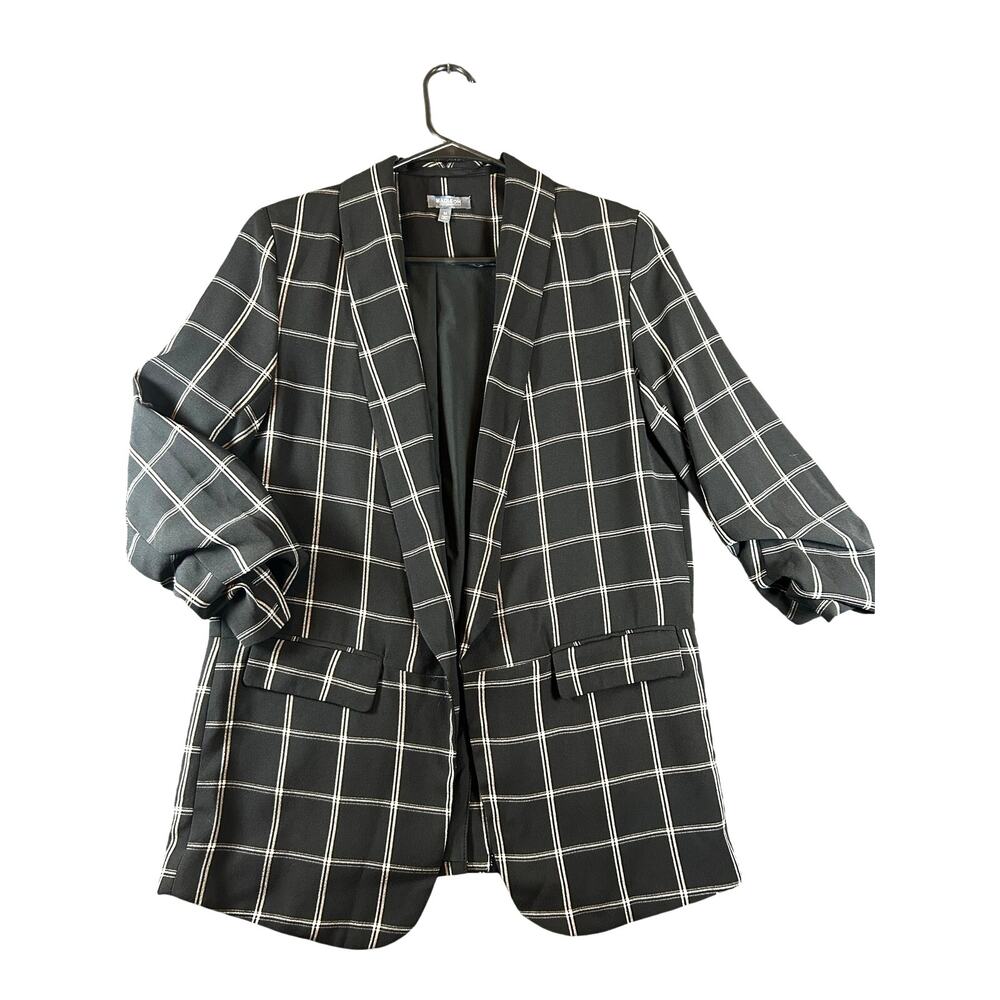 Madison Black Windowpane Plaid Blazer Ruched Sleeve Medium